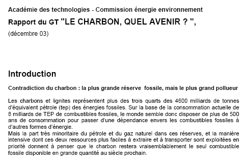 Commission énergie environnement : Le Charbon, quel avenir ? de décembre 2003